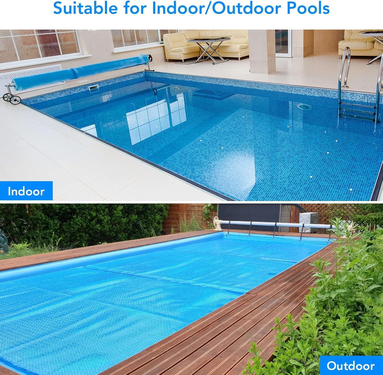 Indoor and outdoor swimming pools using blue solar covers