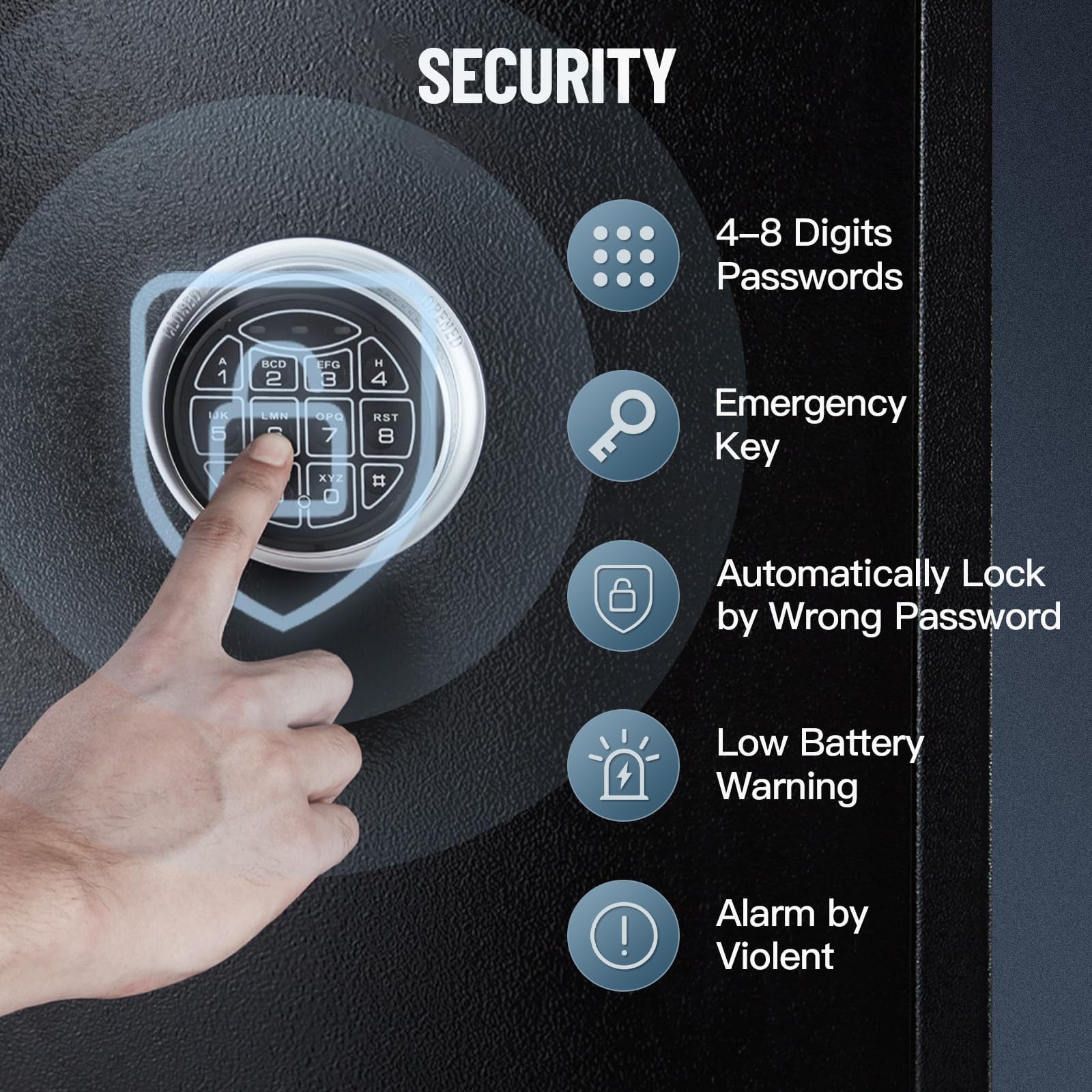 Digital keypad security with emergency key and low battery warning
