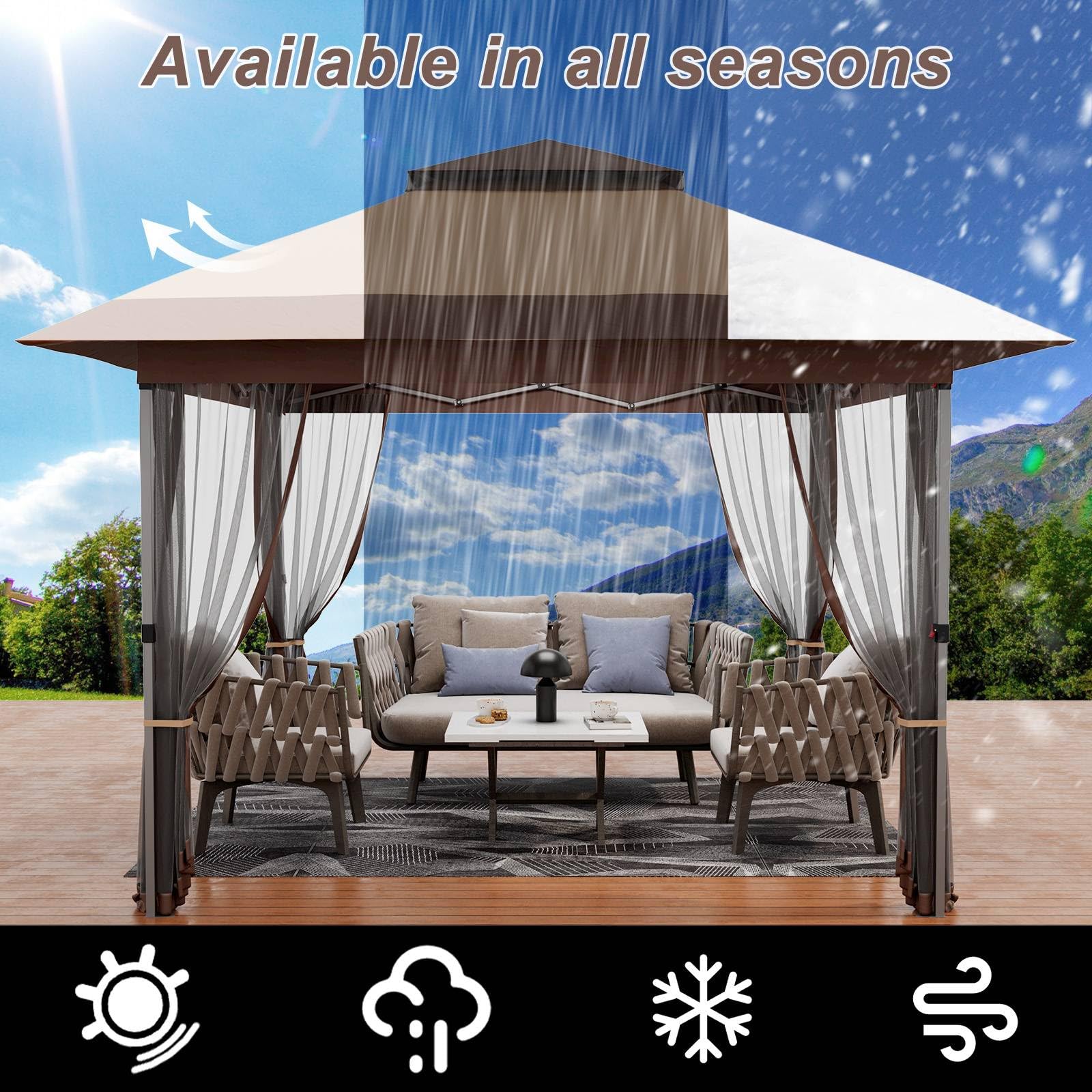 Water resistant gazebo for changing outdoor conditions