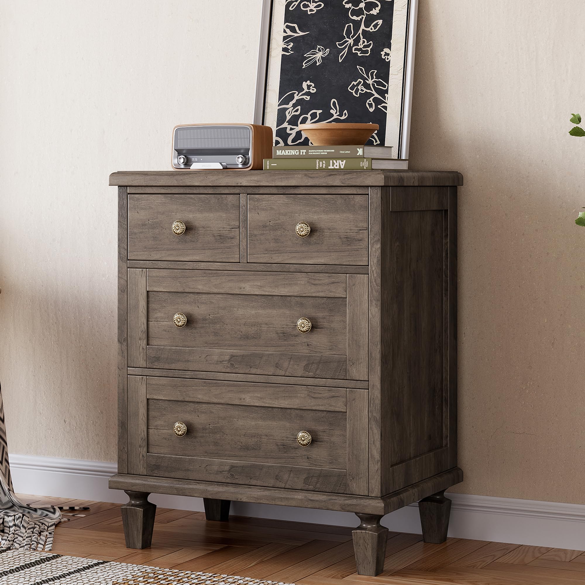 Garvee 4 Drawer Dresser Vintage Bedroom Storage Grey Wood Carved Handl