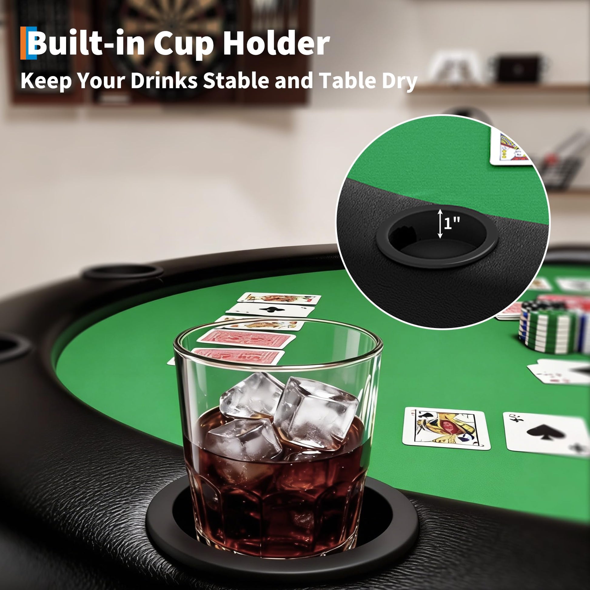 Built-in cup holder on padded poker table rail