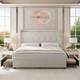 Garvee Upholstered Queen Bed Frame with 4 Storage Drawers, Queen Size Bed Frame with Headboard and Storage, Platform Bed Frame with Charging Station & Wingback, No Box Spring Needed, Noise-Free,Easy Assembly - Off White