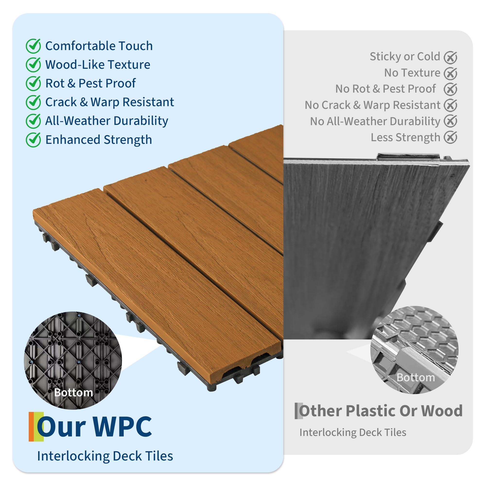 Teak 12 inch square composite deck tile with modular dimensions