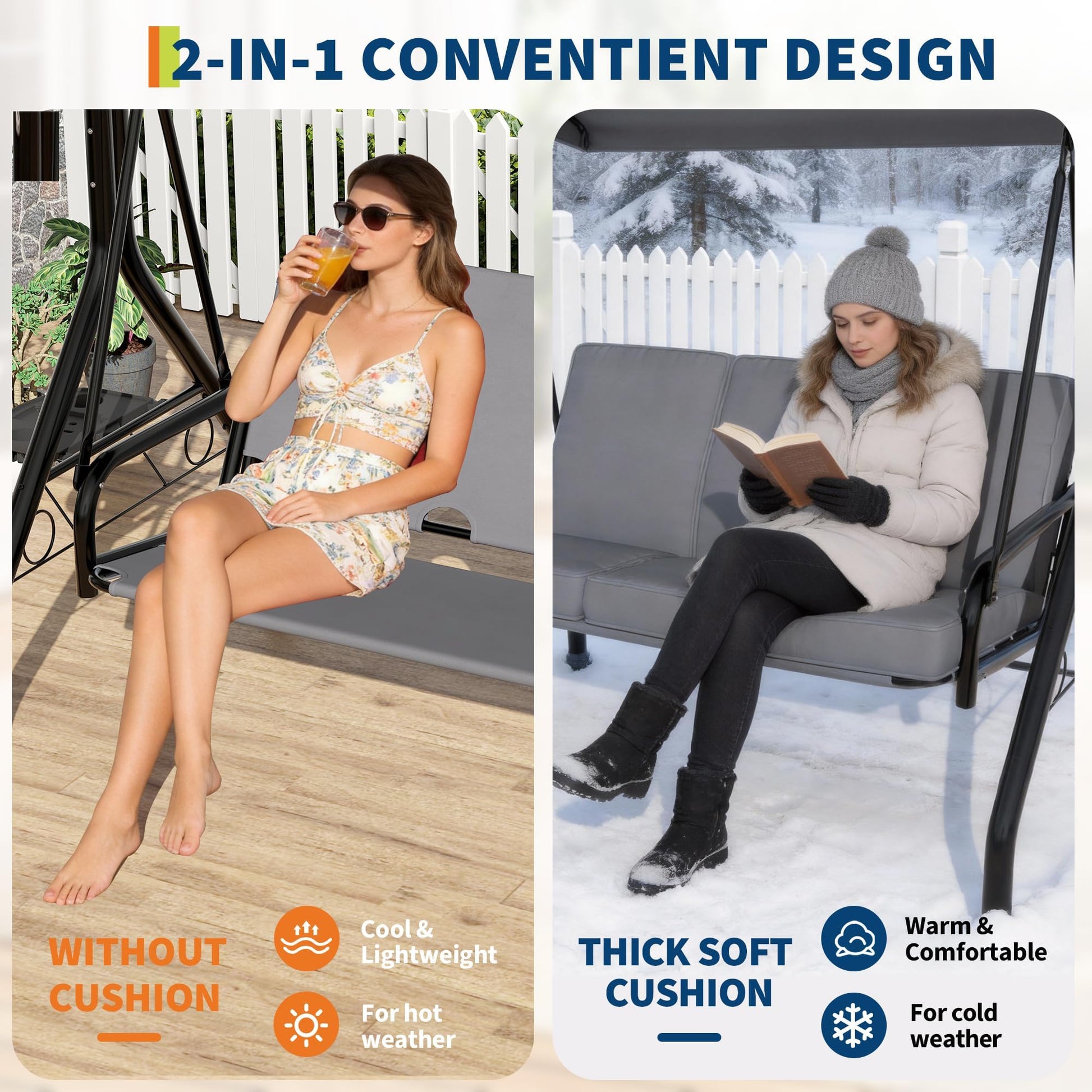 2-in-1 removable cushion design for warm and cool weather
