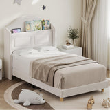 Garvee Twin Bed Frame Upholstered Velvet Princess Platform Bed with Wingback Bookcase Headboard LED Lights Beige for Kids Boys Girls - Beige