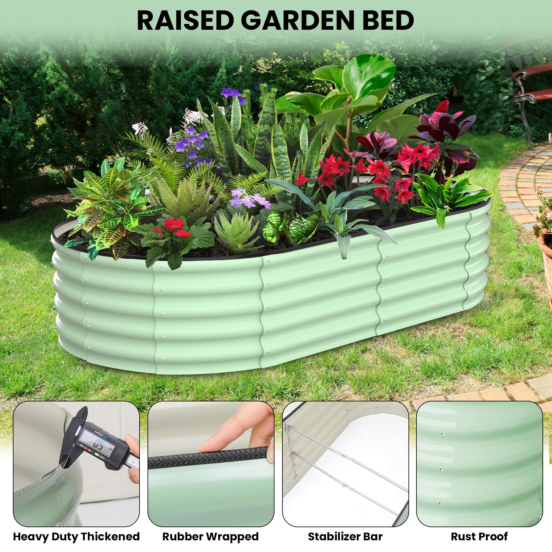 Green raised garden bed detail callouts for thickened metal rubber wrap stabilizer bar and rust proof panel