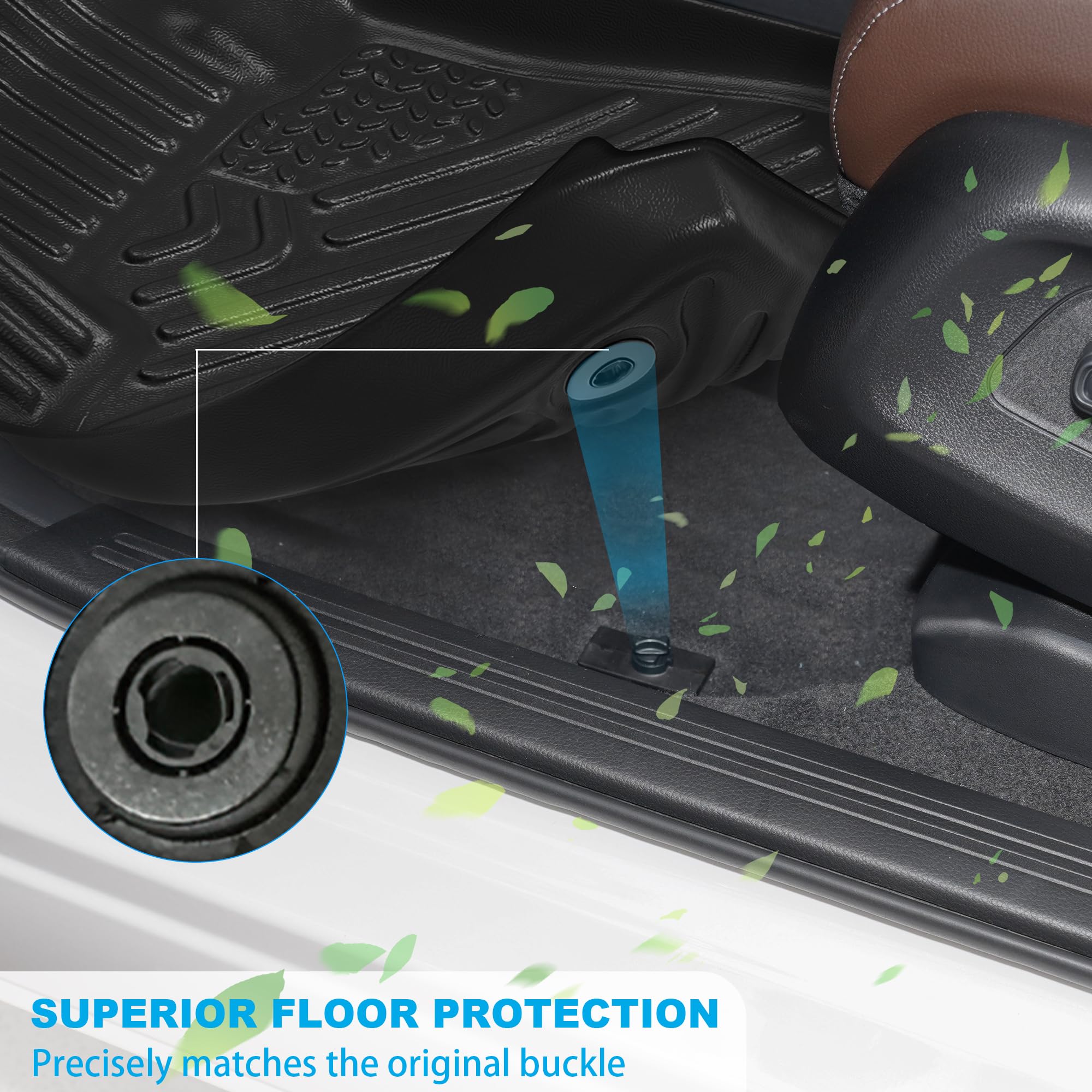 black driver floor liner aligned with the original vehicle retention buckle