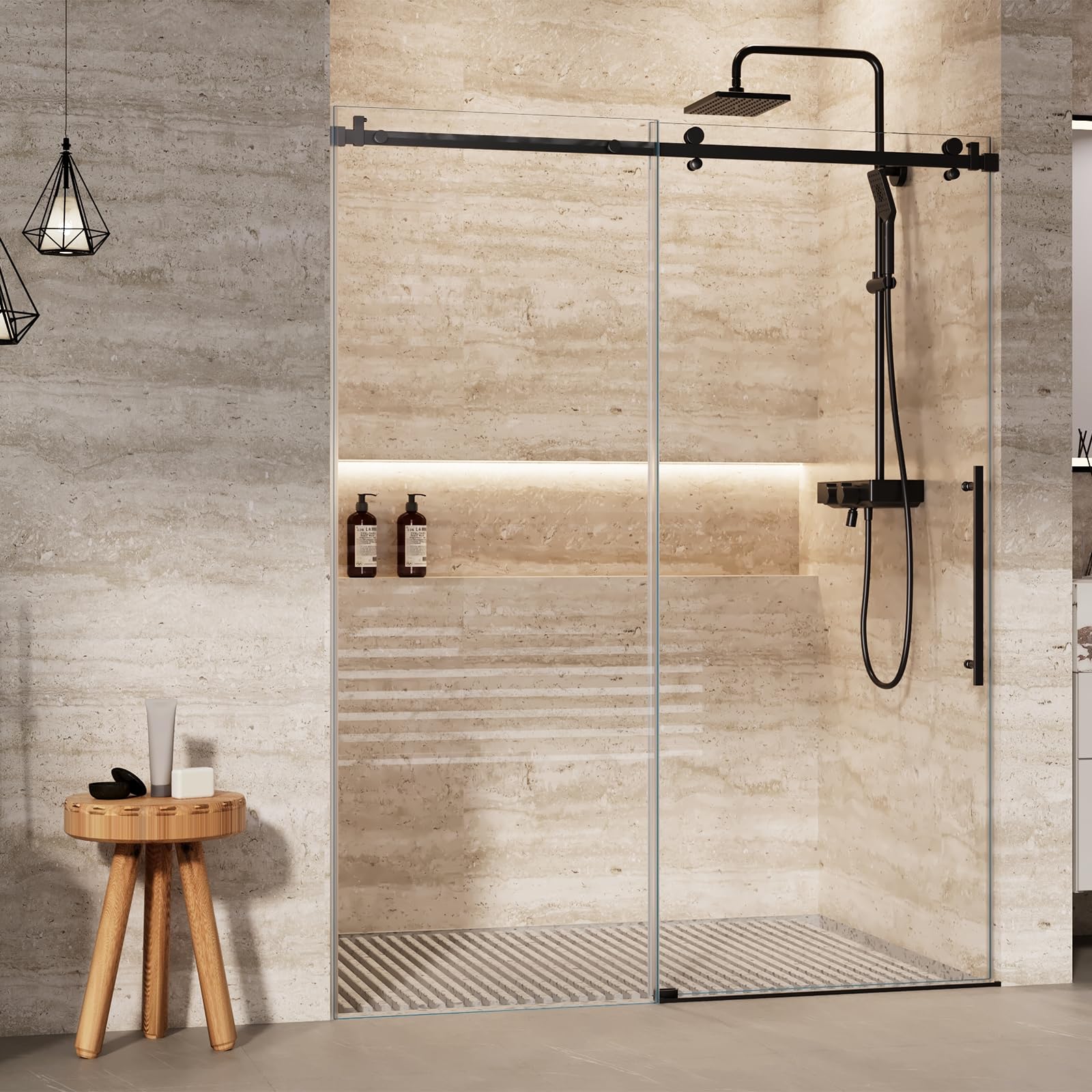 Frameless Sliding Shower Door, 60" x 75", Black installed in a modern bathroom