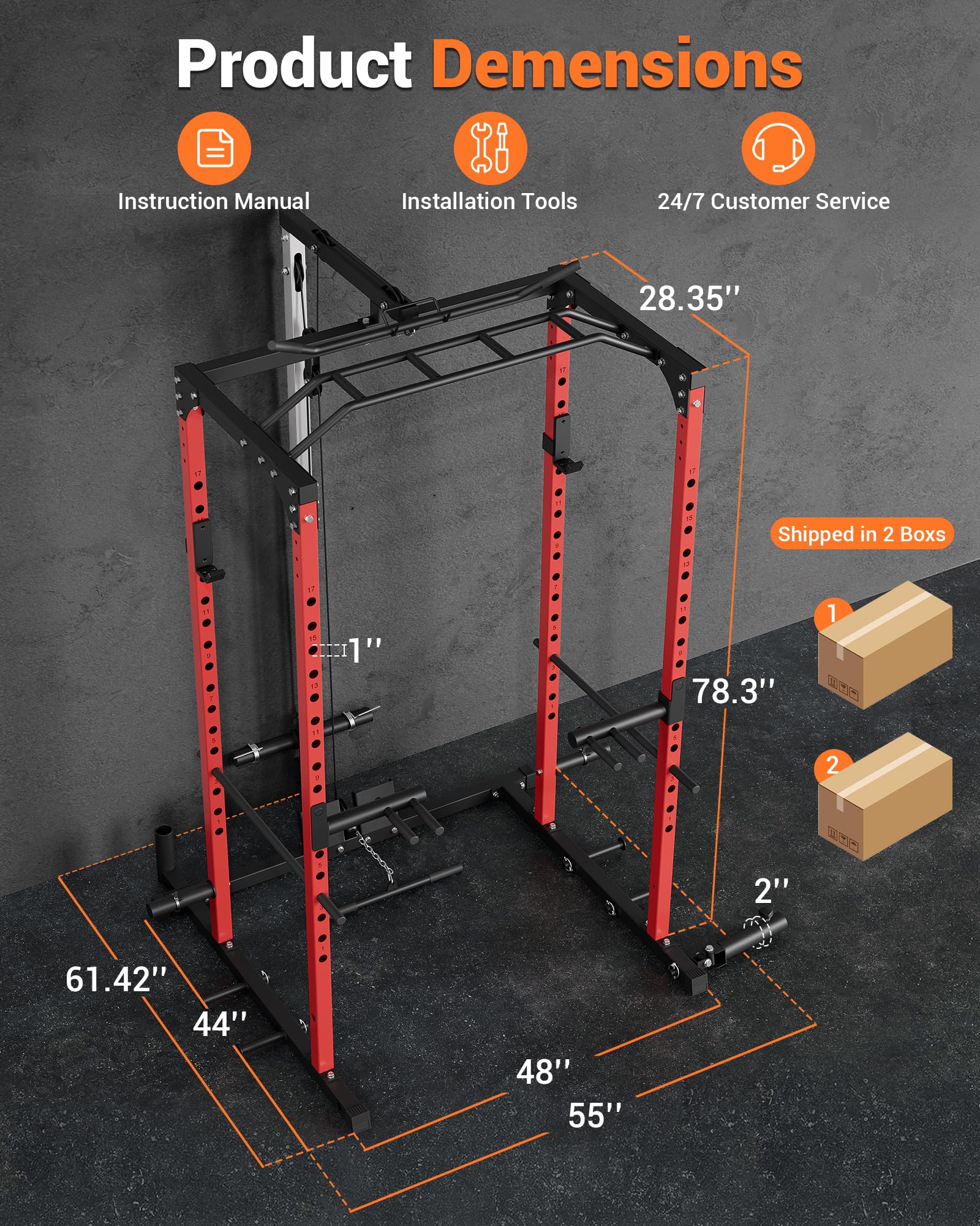 Power cage dimensions and two-box shipping