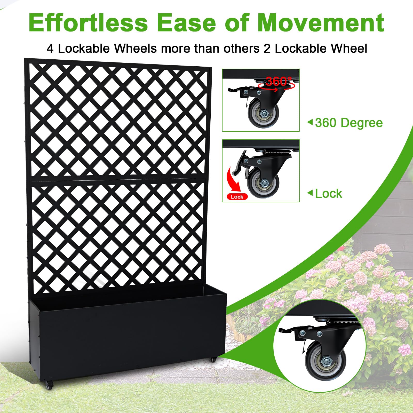 black diamond trellis planter with four lockable 360 degree caster wheels