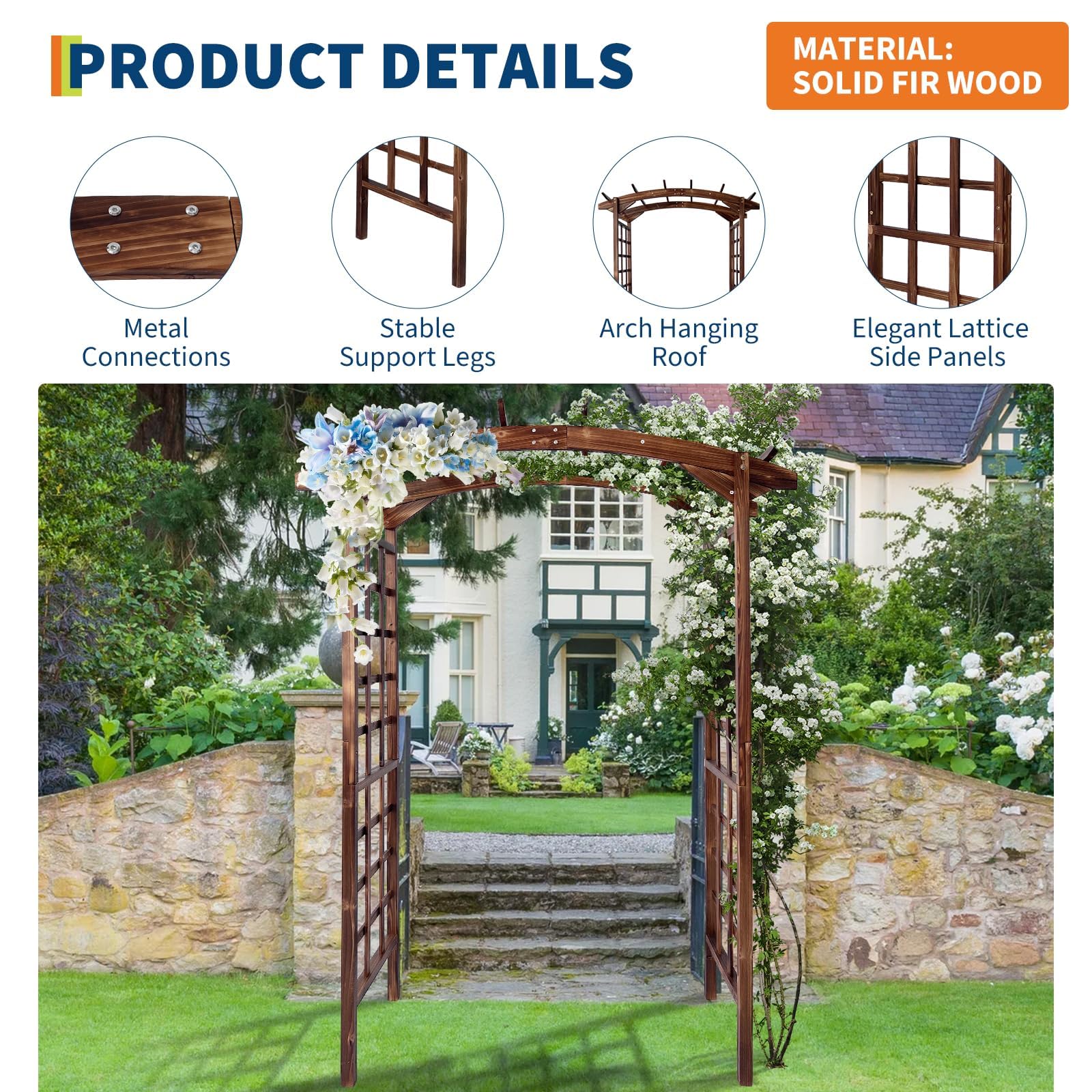 dark brown arched solid fir wood garden arbor showing lattice panels, support legs, and connection details