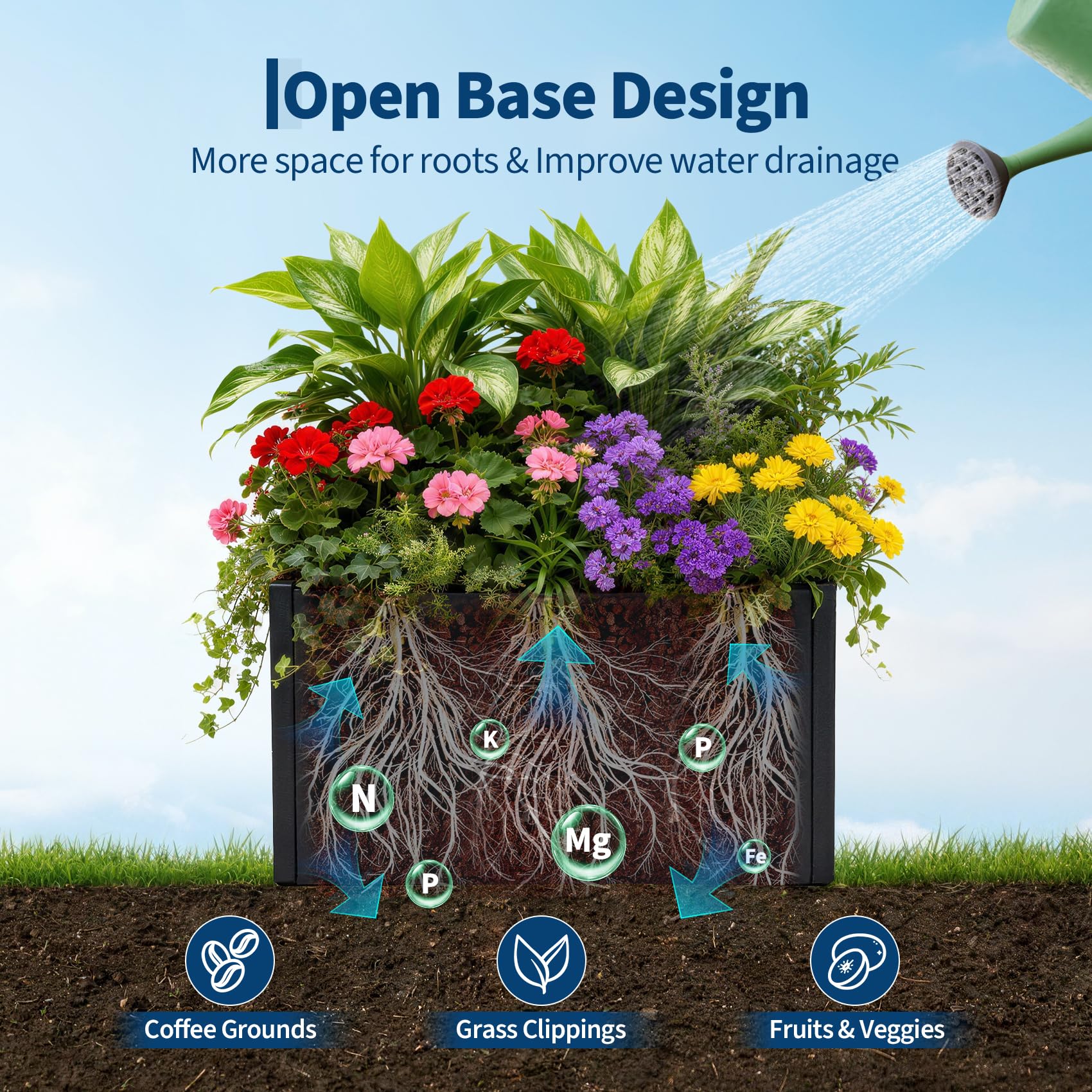 Open bottom black square metal planter box placed over soil