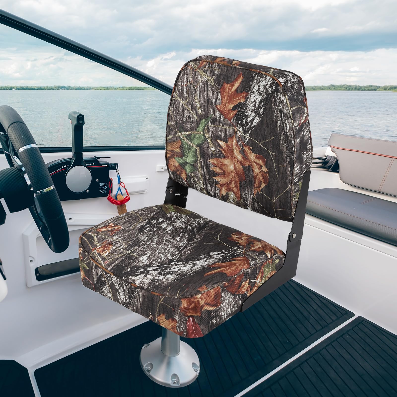 camouflage low back boat seat installed near the helm
