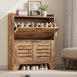 Garvee Slim 2-Flip Drawer Shoe Cabinet, Freestanding Entryway Organizer with Hooks, 13.8" Deep, Brown - Retro Color (Burned Board)