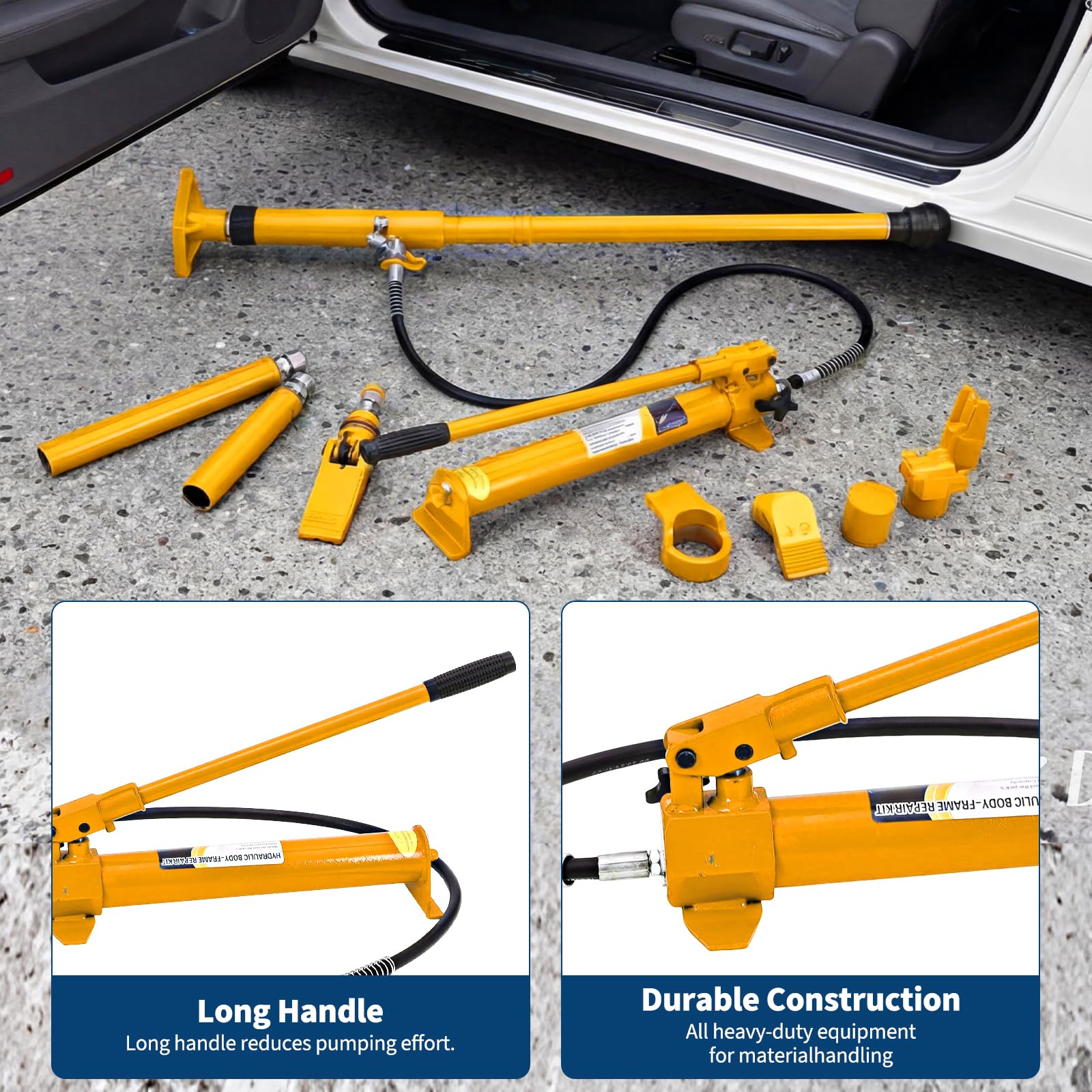 Yellow porta power pump, ram, hose, and attachments beside a vehicle