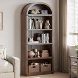 Garvee Bookcase 5 Shelf Arched Bookshelf Wooden Farmhouse Display Rack for Home Office Living Room 71.65in Natural Wood - Brown