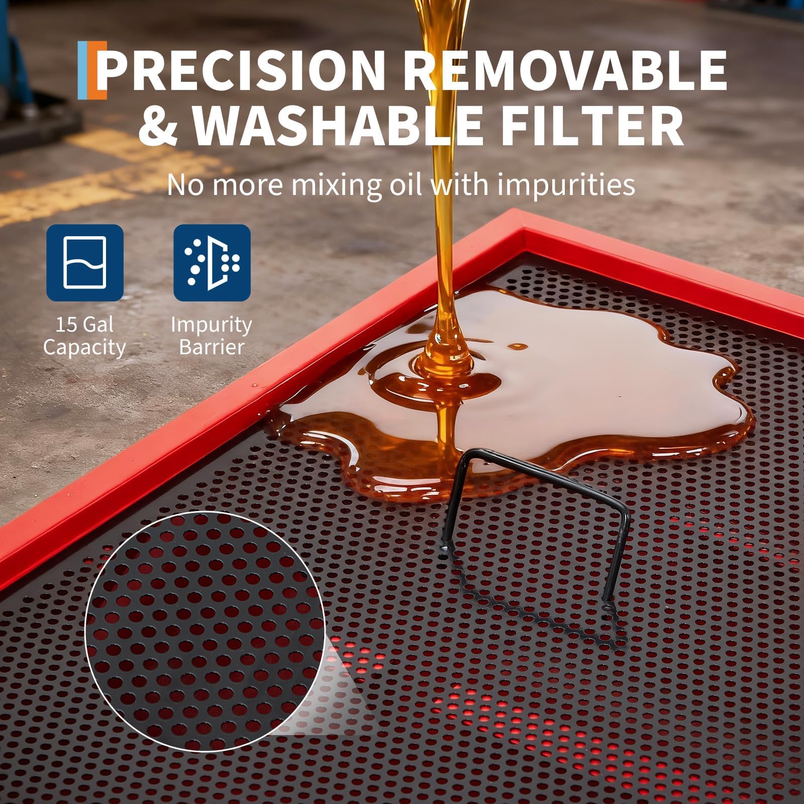 Red oil drain pan with removable washable filter separating debris from fluid