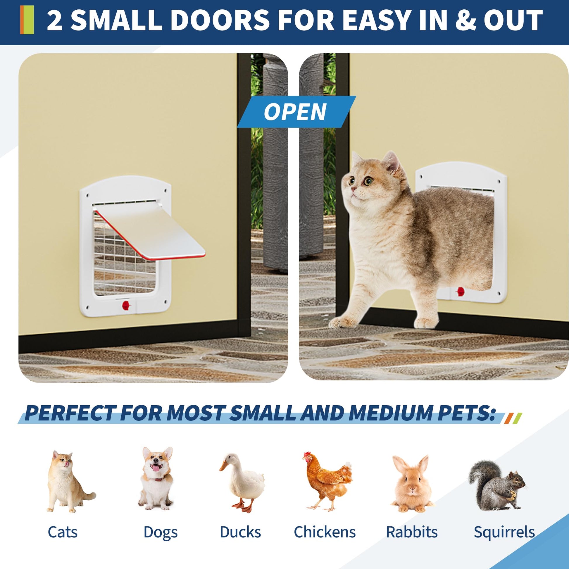 Two small pet doors on black and yellow outdoor cat enclosure