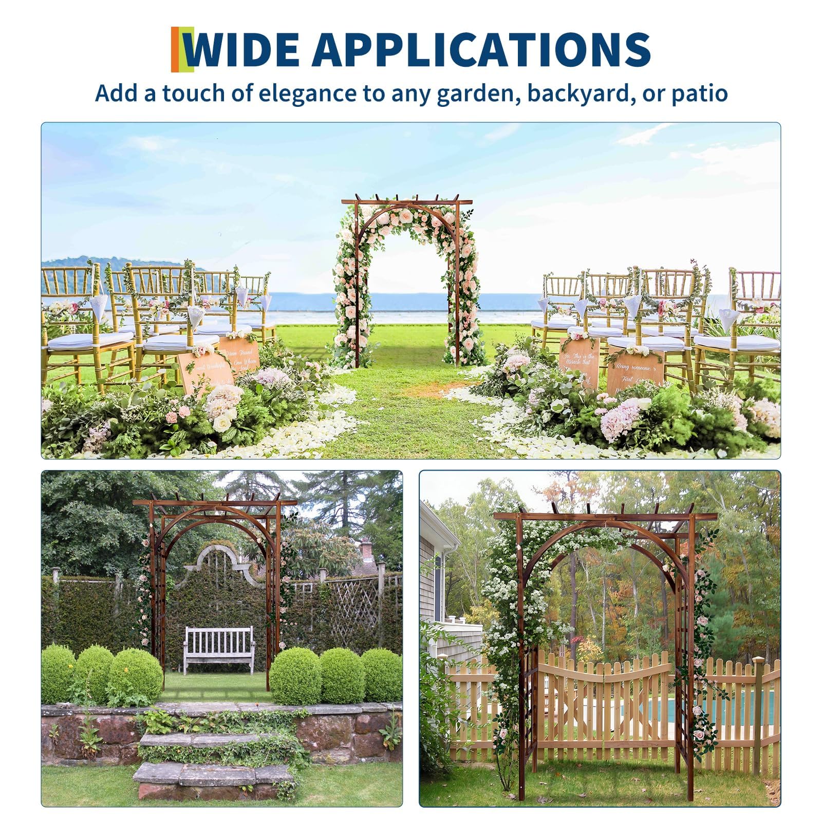 dark brown arched and flat top garden arbor shown at garden paths, entrances, and outdoor celebration settings