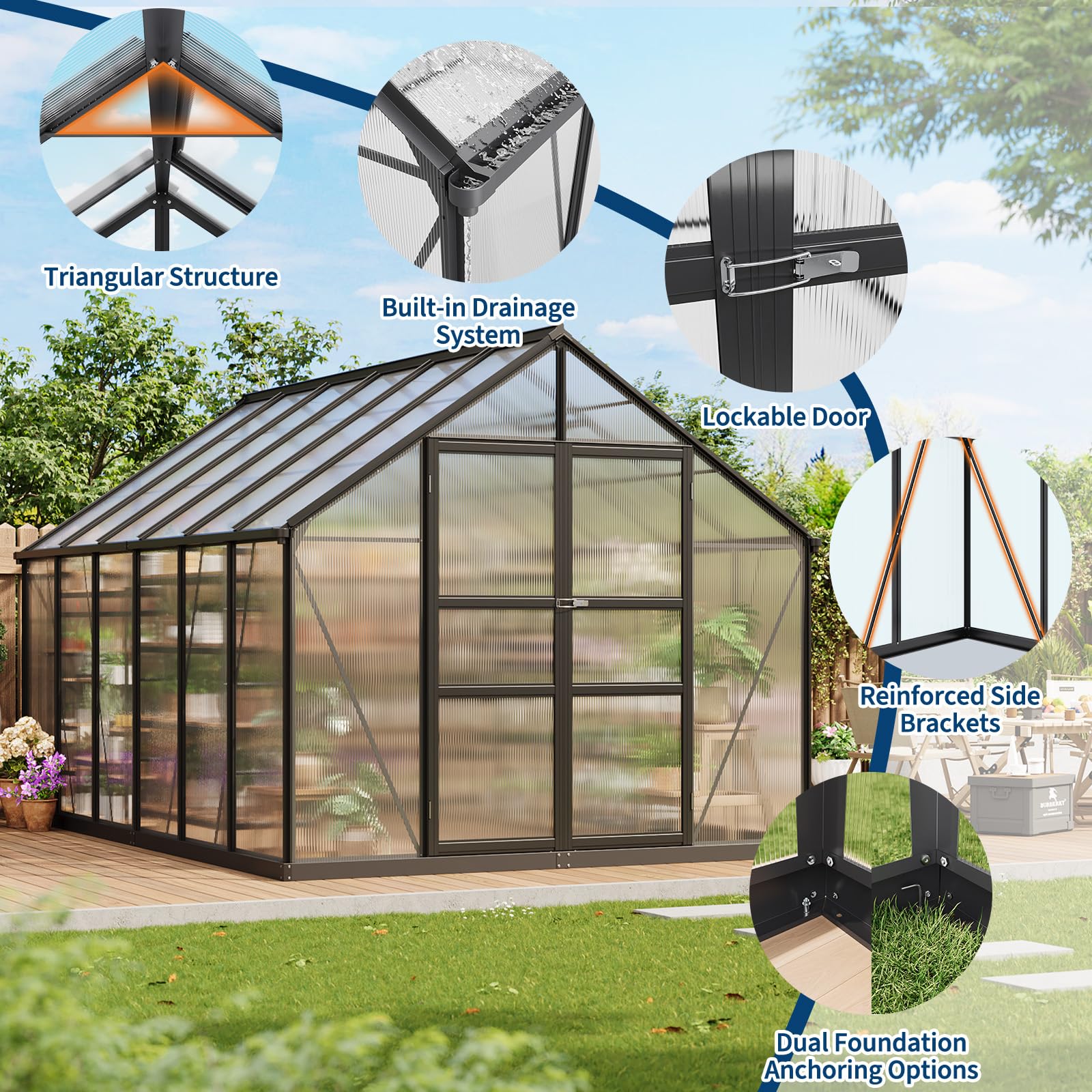 Reinforced greenhouse frame with lockable door and drainage system