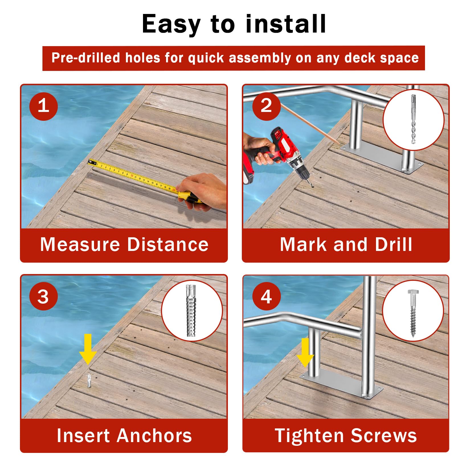 Four-step installation guide for the 55 x 32 inch pool handrail