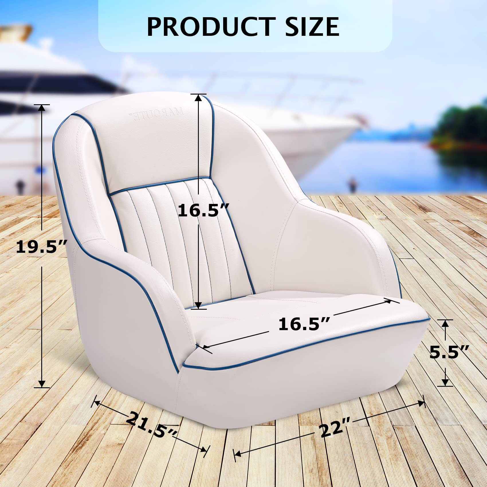 white and blue captain boat seat size diagram with 19.5" height and 22" width