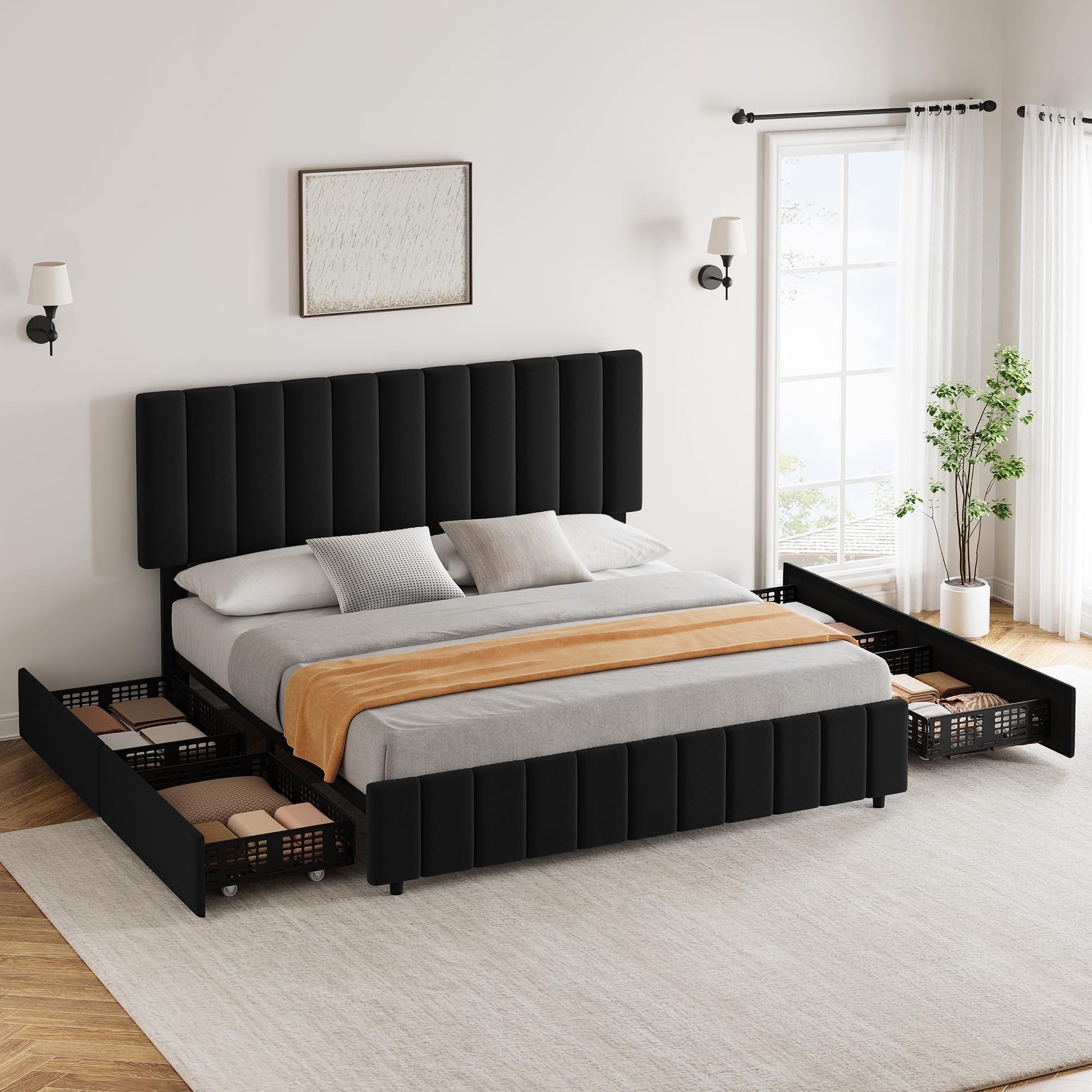 Easy assembly upholstered queen bed frame with storage