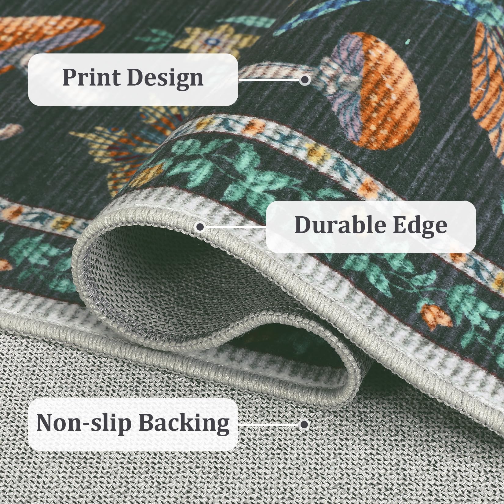 close view of the moss green mushroom rug surface, finished edge, and rubber backing