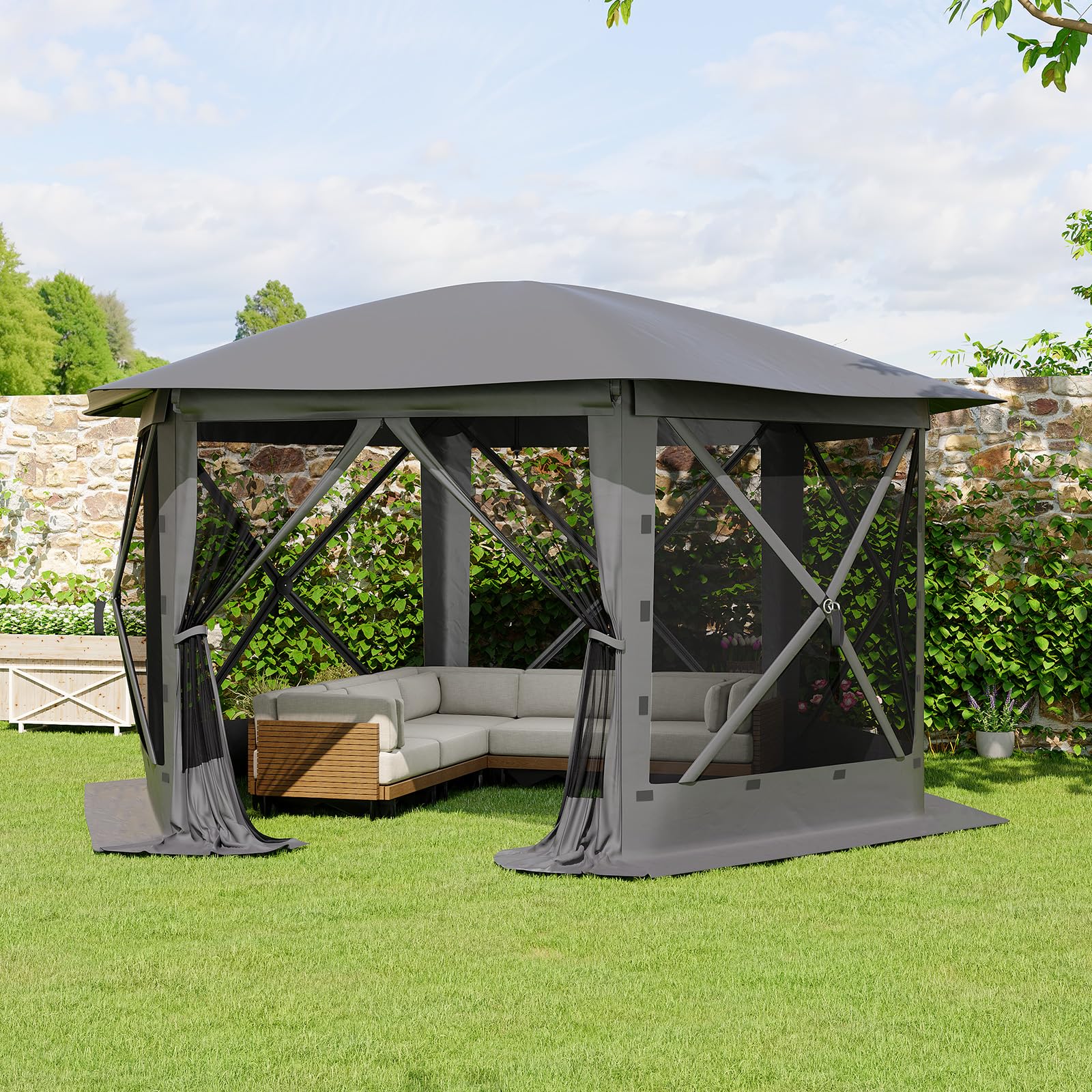 Open interior view of the Grey six-sided pop up gazebo