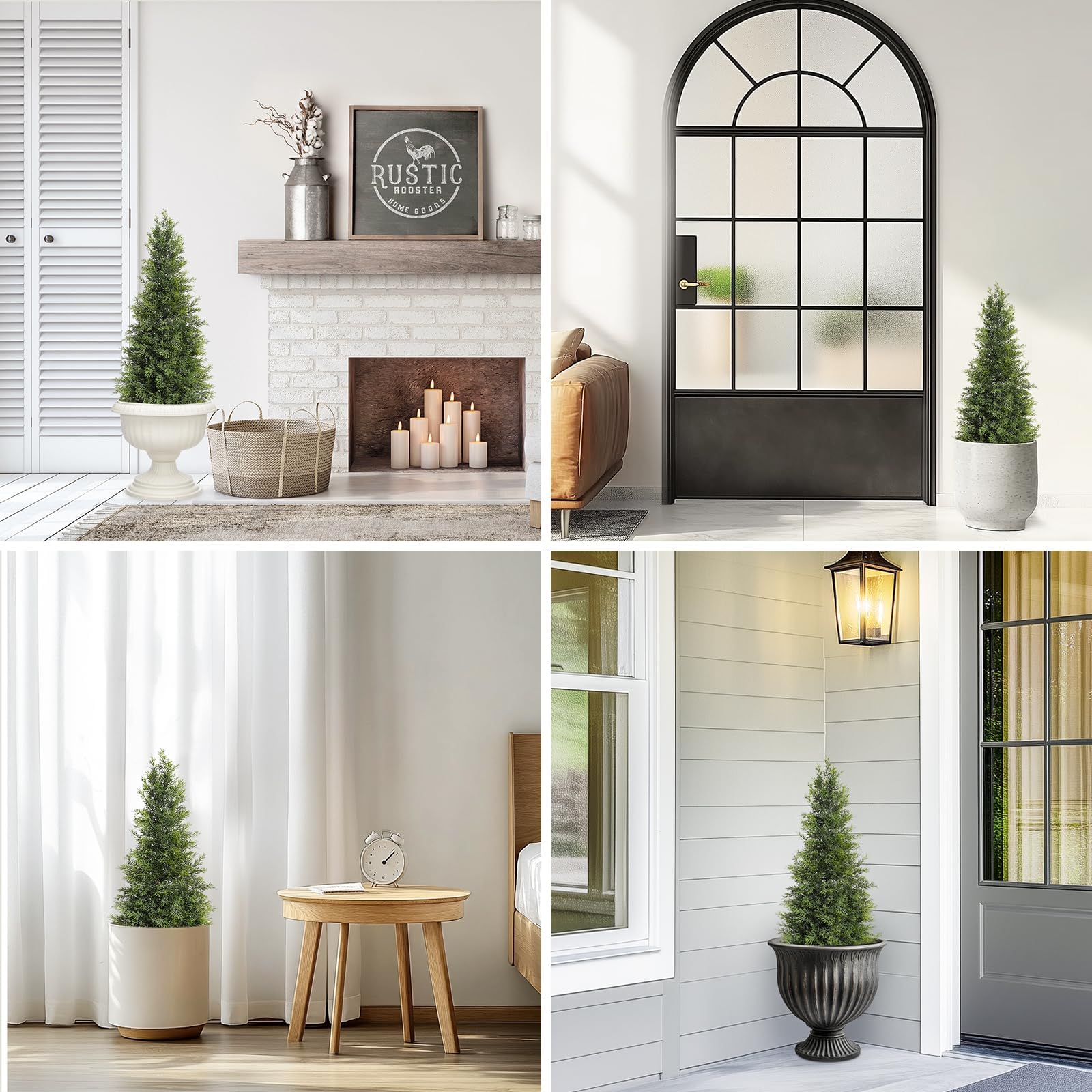 Topiaries styled in entryway, living room, bedroom, and porch