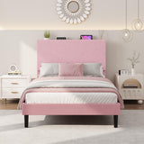 Garvee Twin Size Bed Frame with Adjustable Upholstered Headboard, Storage Shelf & Charging Station, Strong Wood Slats, Noise-Free, Pink - Pink