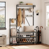 Garvee Parent-Child Coat Rack Shoe Bench Industrial Hall Tree with Bench and Shoe Storage Coat Tree Entryway Large Organizer with Shoe Rack, Storage Cubbies, Hooks, and Top Shelf - Grey