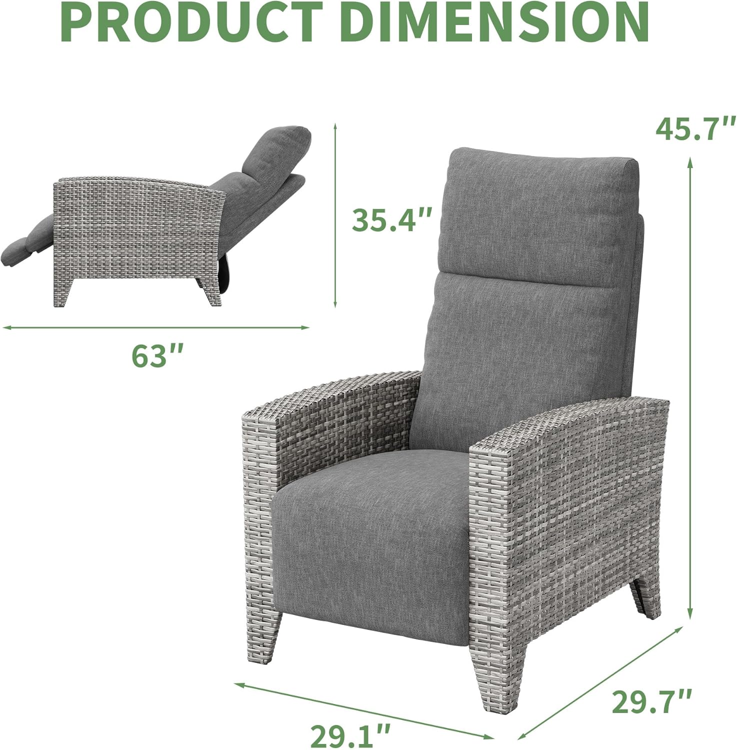 Garvee Wicker Reclining Patio Chair with Adjustable Back and Footrest, Outdoor Recliner Chair for Garden, 150° Lay Flat, Removable Cushion, Grey