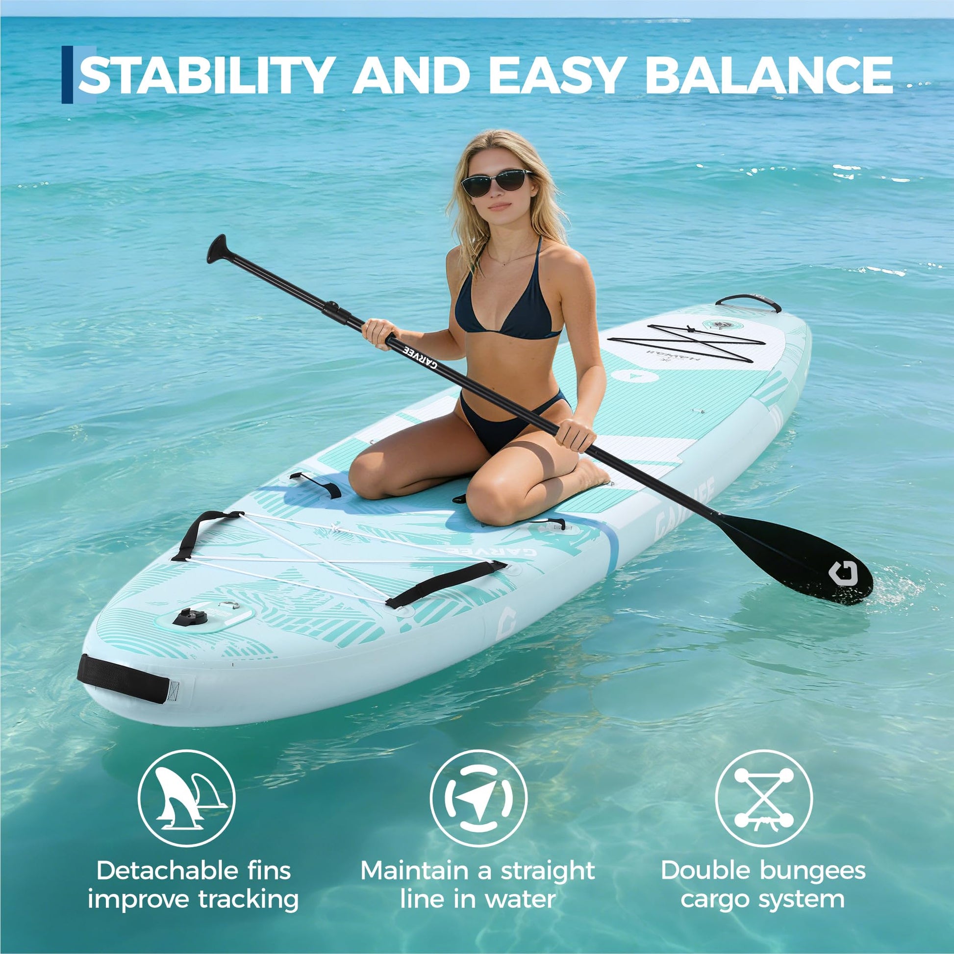 Inflatable paddle board with non-slip EVA deck bungee storage and straight tracking