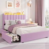 Garvee LED Full Size Bed Frame with Storage Headboard, Kids Bed Frame with 2 Drawers, Boucle Upholstered Platform Bed for Girls, Purple