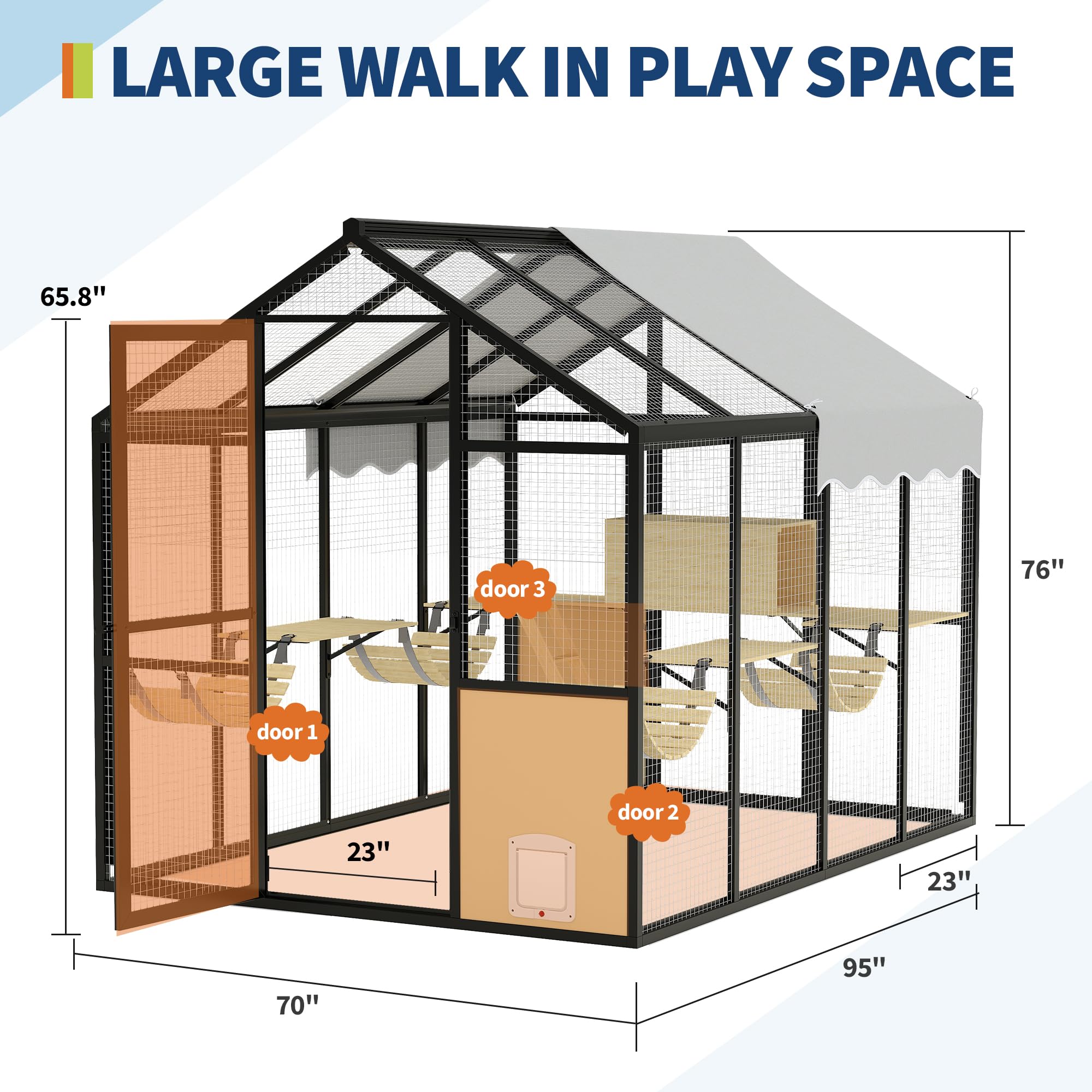 Black and yellow walk in cat enclosure with 70 inch by 95 inch by 76 inch dimensions and door labels