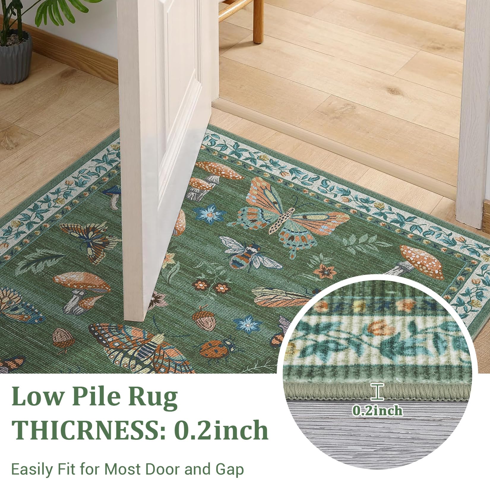 low pile green mushroom rug shown clearing a door and working with a robot vacuum