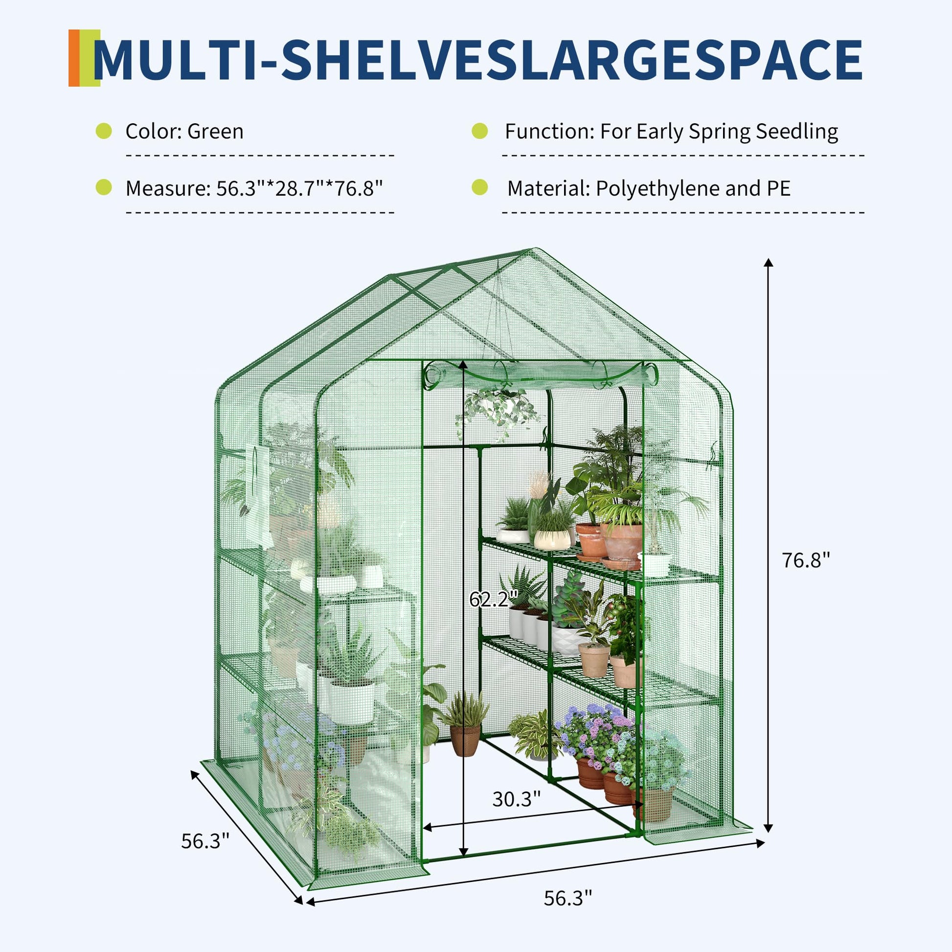 Portable greenhouse with multi-level growing space and dimensions