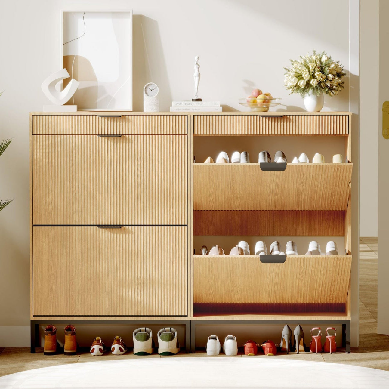 Two flip drawers open showing hidden shoe storage