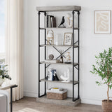 Garvee 6 Tier Industrial Bookshelf Wood Storage Open Rack Metal Frame Rustic Tall Standing Bookcase for Bedroom, Living Room, Home Office - Grey