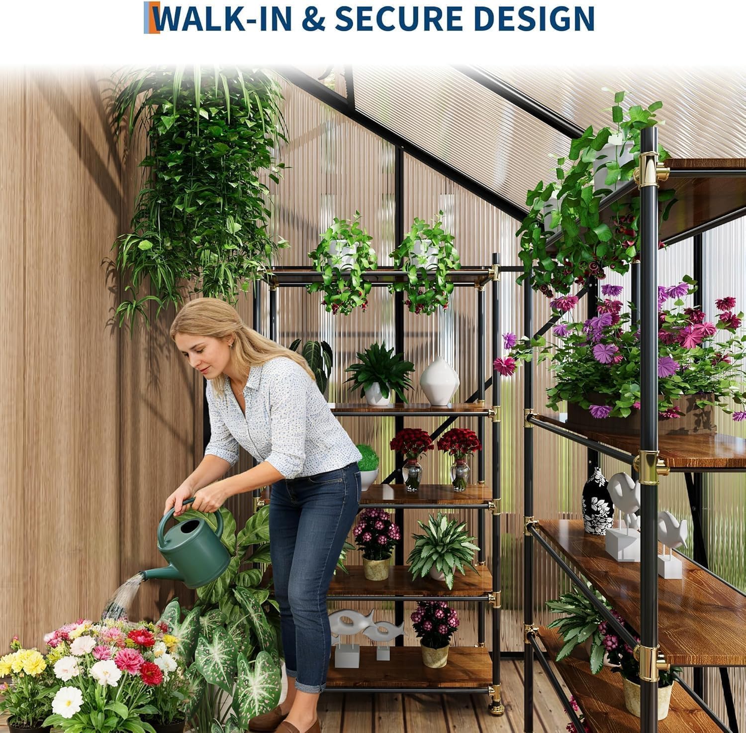 Walk-in polycarbonate greenhouse interior arranged for watering plants and plant shelves