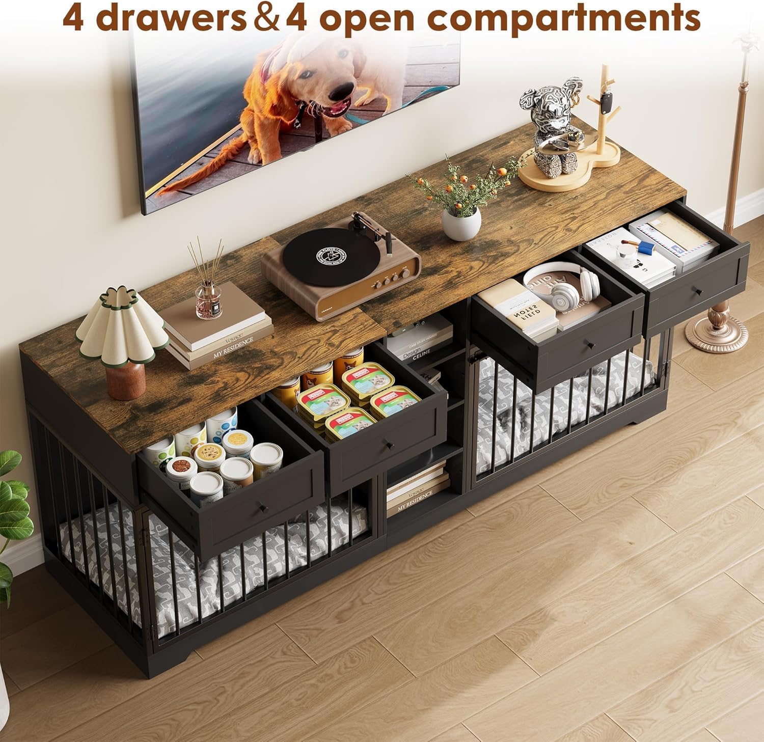 Drawer storage and open compartments for pet supplies