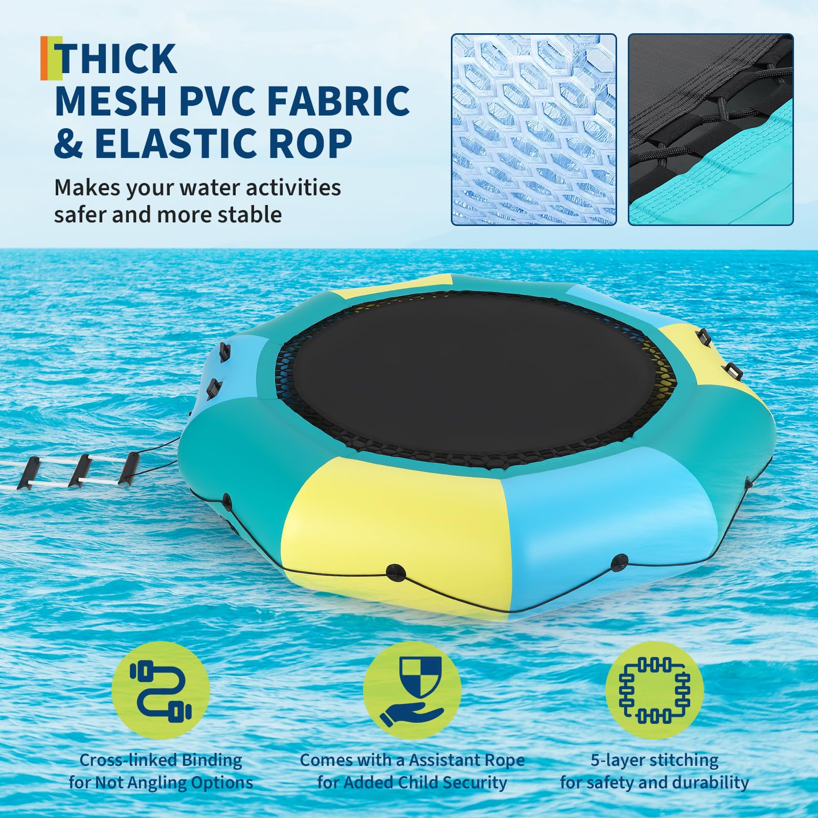 Garvee 10 ft blue green yellow inflatable water trampoline with thick mesh PVC fabric elastic rope cross-linked binding and five-layer stitching