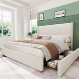 Garvee Queen Size Bed Frame with Storage Drawers, Corduroy Upholstered Platform Bed, Wingback Tufted Headboard, Beige, No Box Spring Needed - Beige