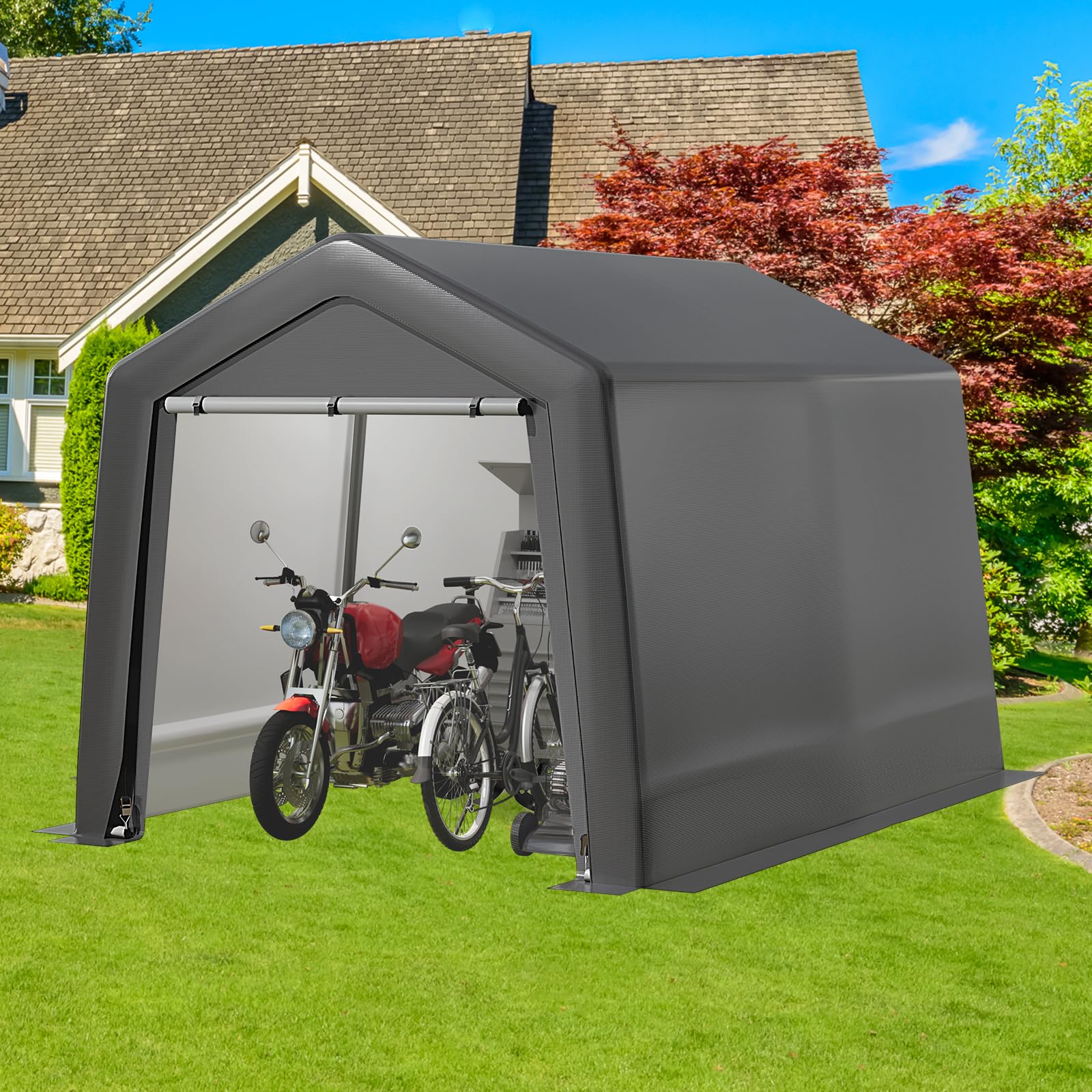 Large storage shelter with roll-up front entry