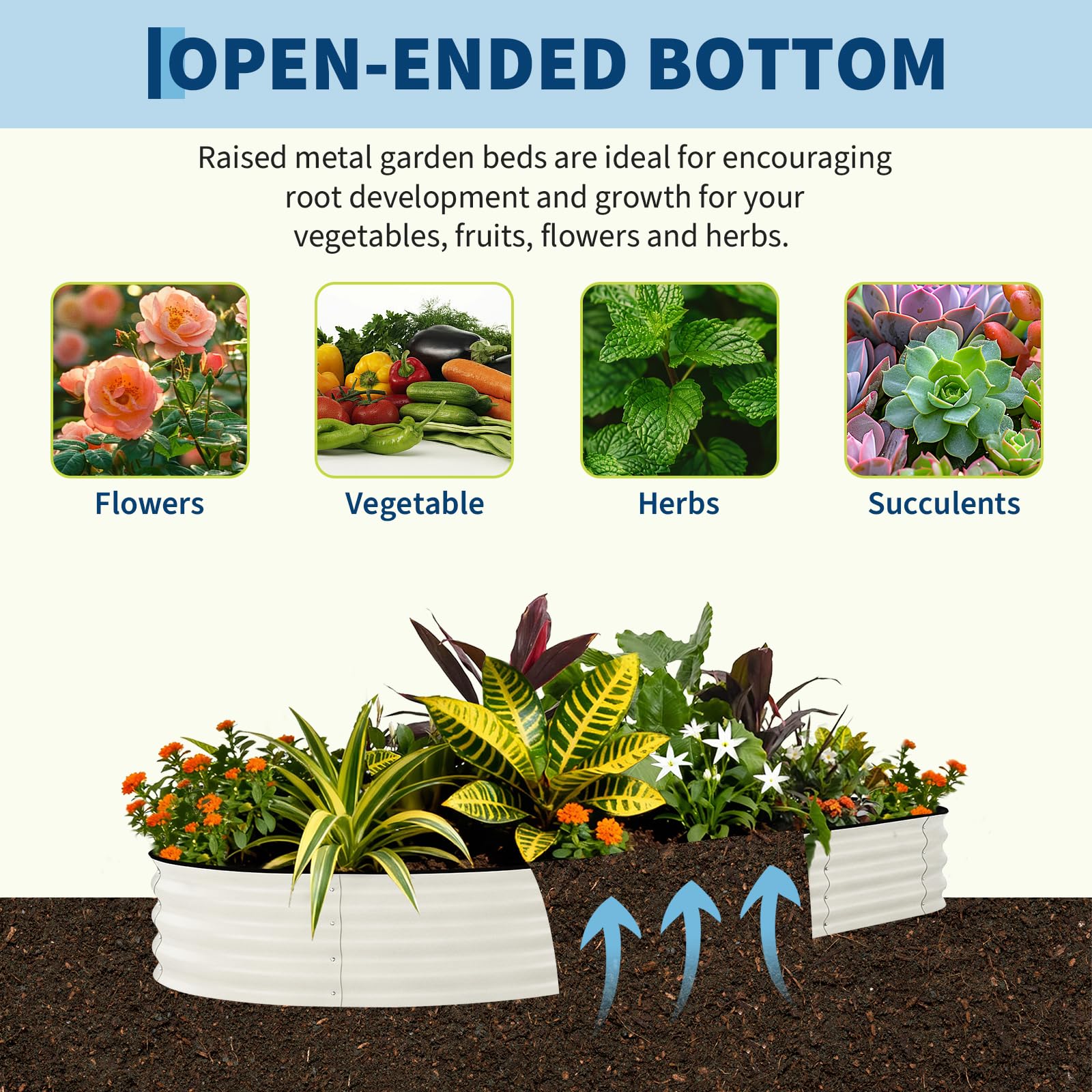 beige raised garden bed with open bottom for soil contact