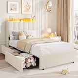 Garvee LED Twin XL Bed Frame with Storage Headboard, 2 Drawers, Boucle Upholstered Platform Bed for Girls, White