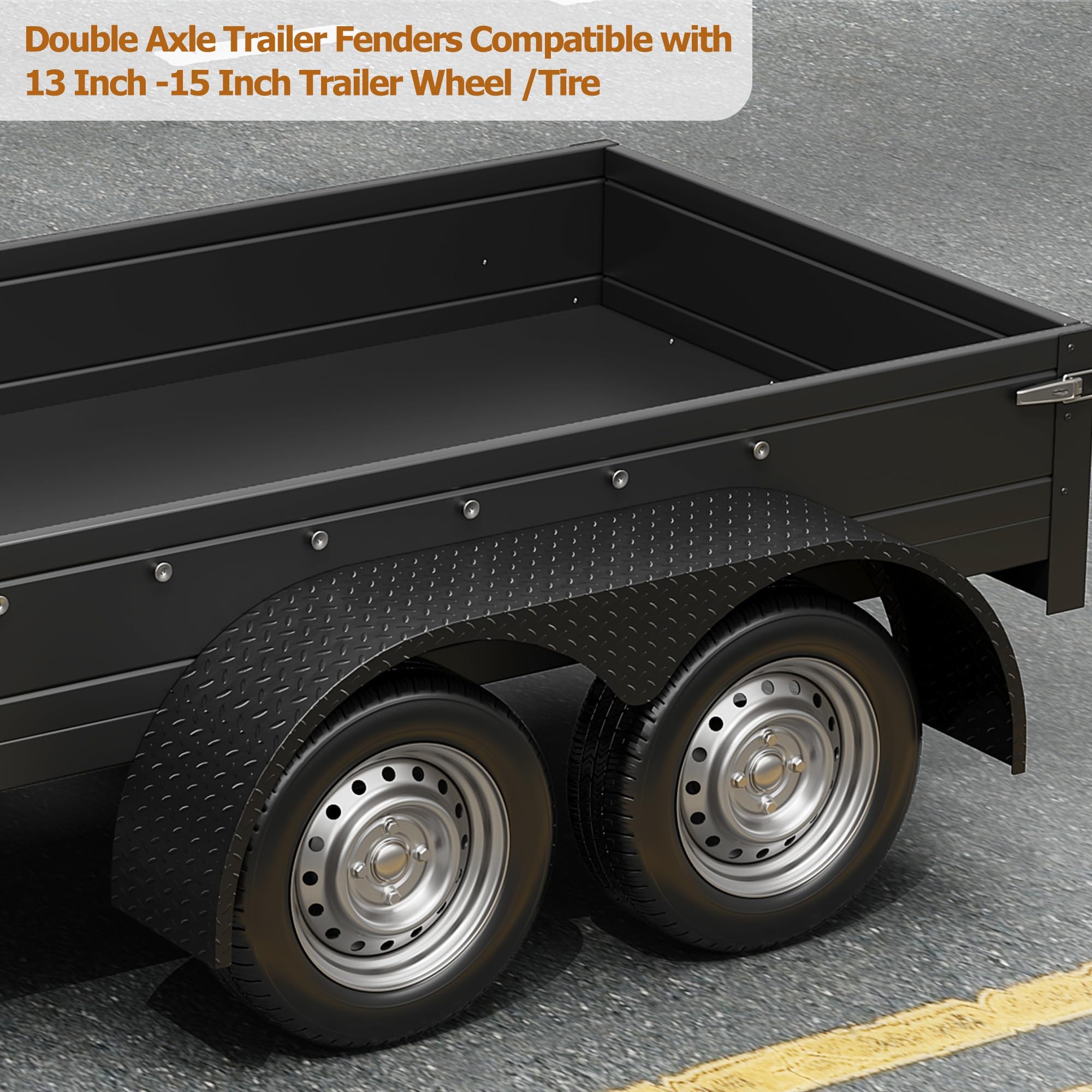 Black Garvee tandem trailer fender installed above a trailer wheel