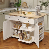 Garvee Rolling Kitchen Island with Drop Leaf Countertop, Charging Station, Ample Storage - 47.2 in Mobile Kitchen Cart on Wheels, Pull-Out Shelves, Drawers, Spice Rack, Organizer Divider - White