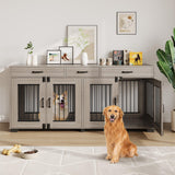 Garvee 71 in Large Double Dog Crate Furniture with 3 Drawers for Medium Large Dogs, Grey, Heavy Duty Indoor Kennel and TV Stand - Grey